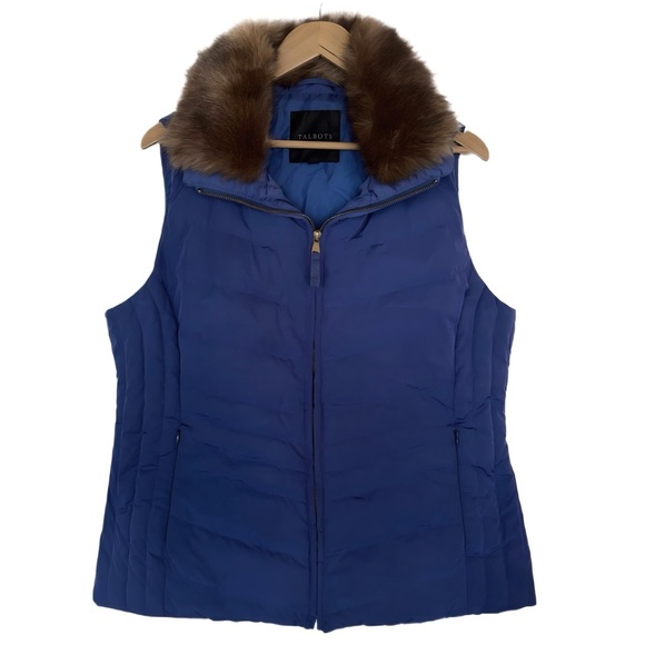 Talbots Jackets & Blazers - Talbots Blue Vest with Detachable Brown Faux Fur Collar